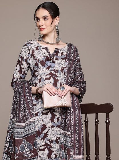 Straight Style Cotton Fabric Brown Color Kurta With Bottom And Dupatta