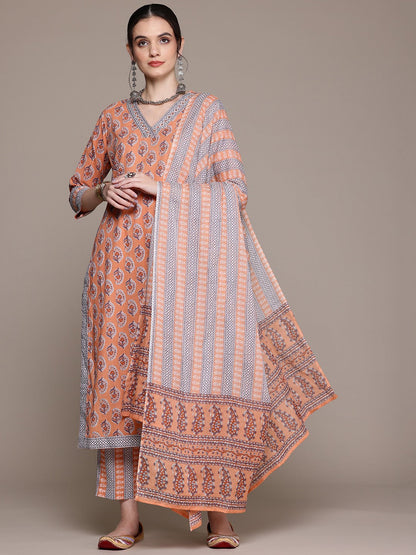 Straight Style Cotton Fabric Peach Color Kurta With Bottom And Dupatta