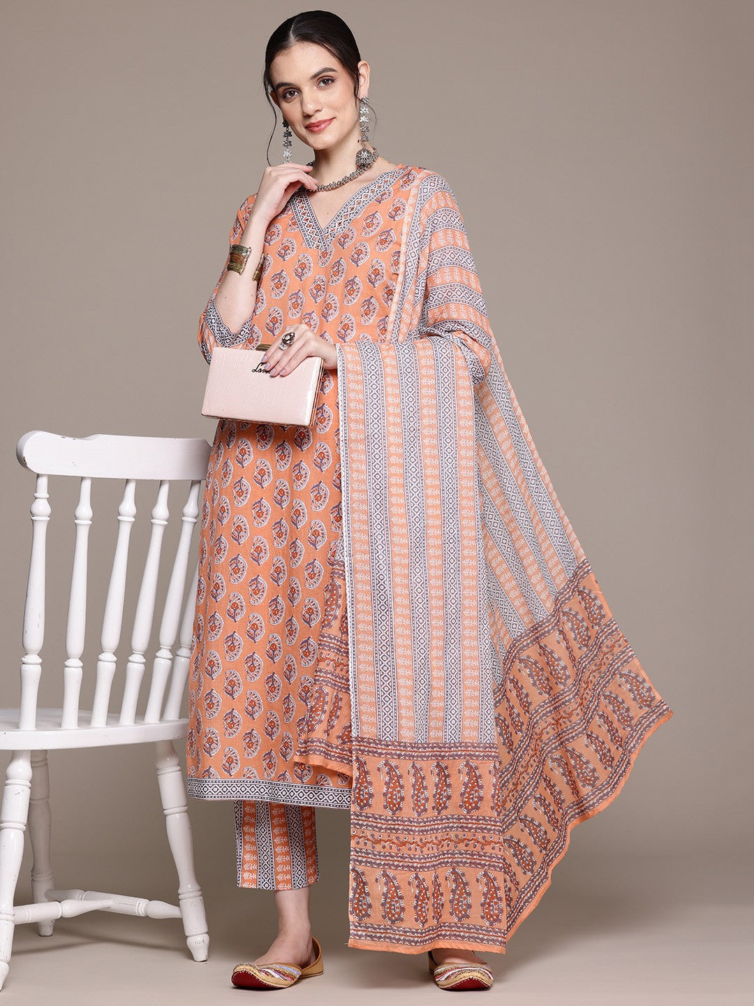 Straight Style Cotton Fabric Peach Color Kurta With Bottom And Dupatta