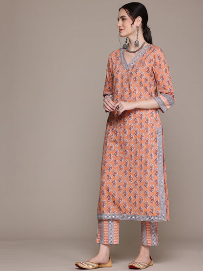 Straight Style Cotton Fabric Peach Color Kurta With Bottom And Dupatta