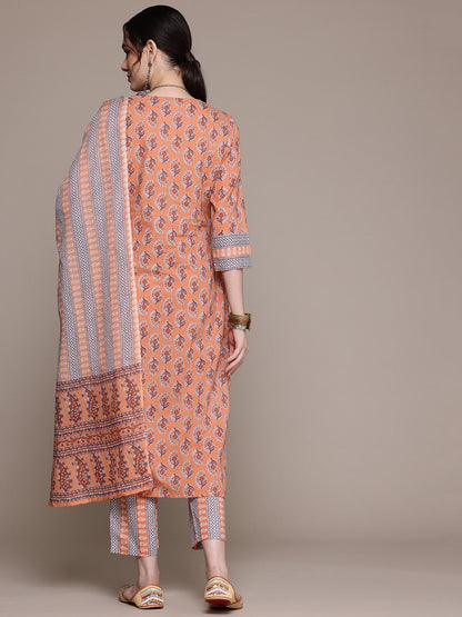Straight Style Cotton Fabric Peach Color Kurta With Bottom And Dupatta