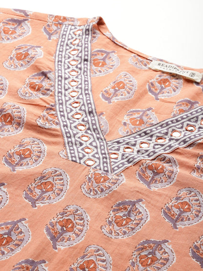 Straight Style Cotton Fabric Peach Color Kurta With Bottom And Dupatta