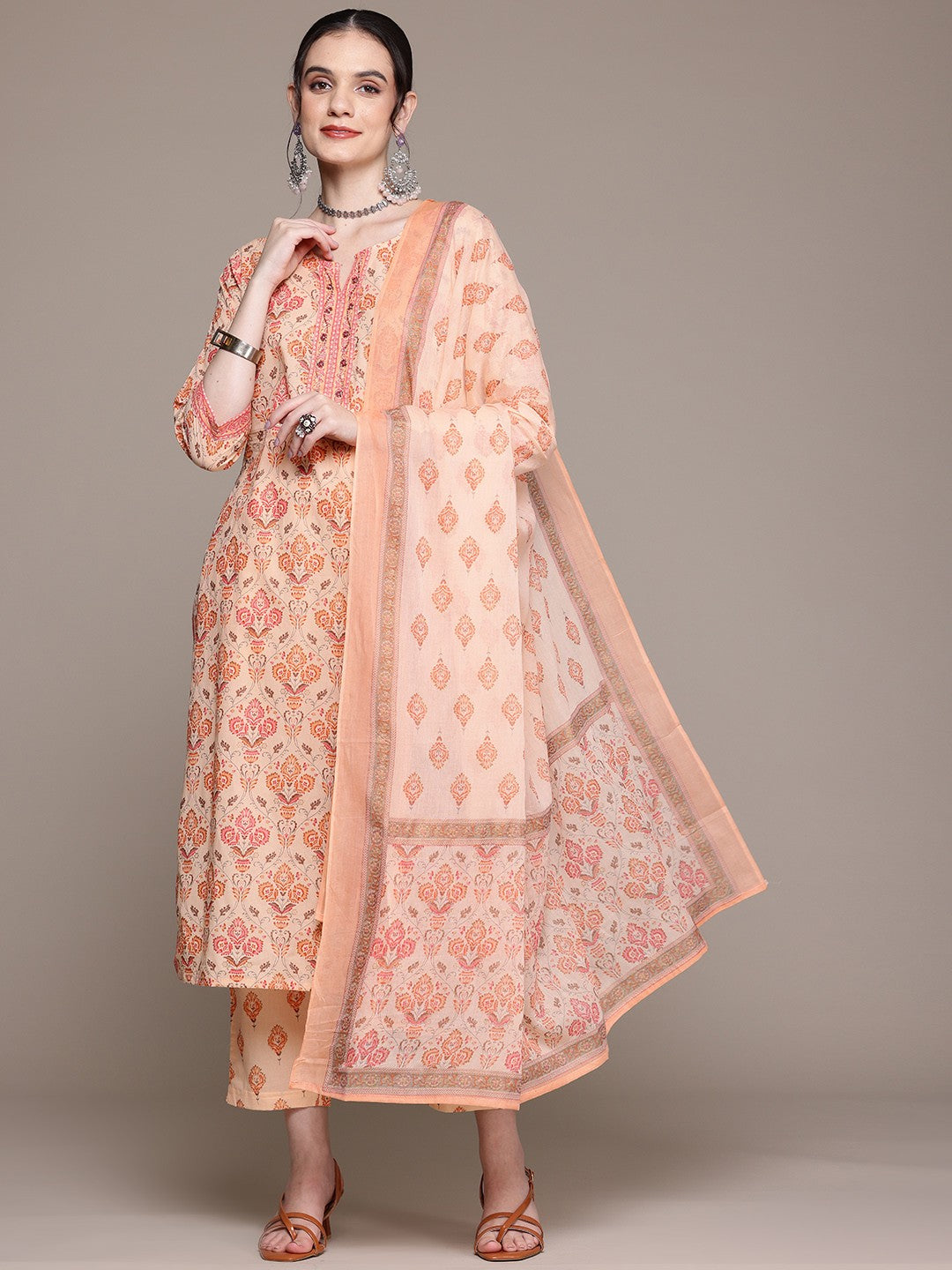 Straight Style Cotton Fabric Peach Color Kurta With Bottom And Dupatta