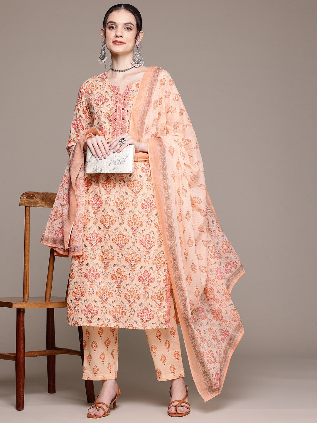 Straight Style Cotton Fabric Peach Color Kurta With Bottom And Dupatta