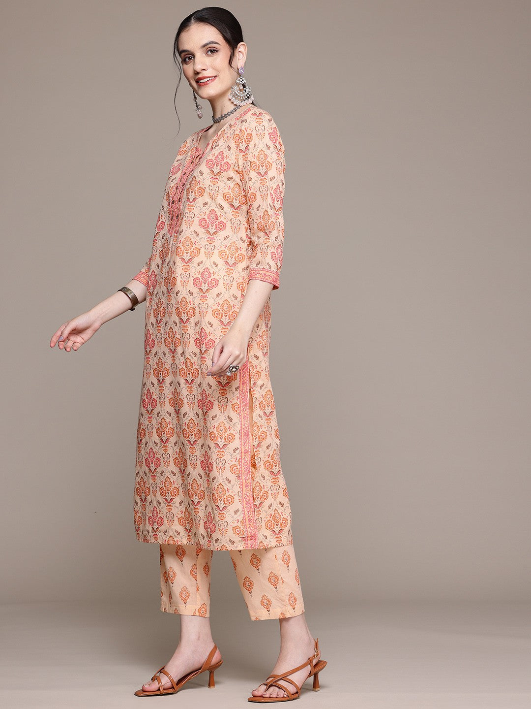 Straight Style Cotton Fabric Peach Color Kurta With Bottom And Dupatta