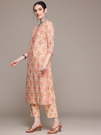 Straight Style Cotton Fabric Peach Color Kurta With Bottom And Dupatta