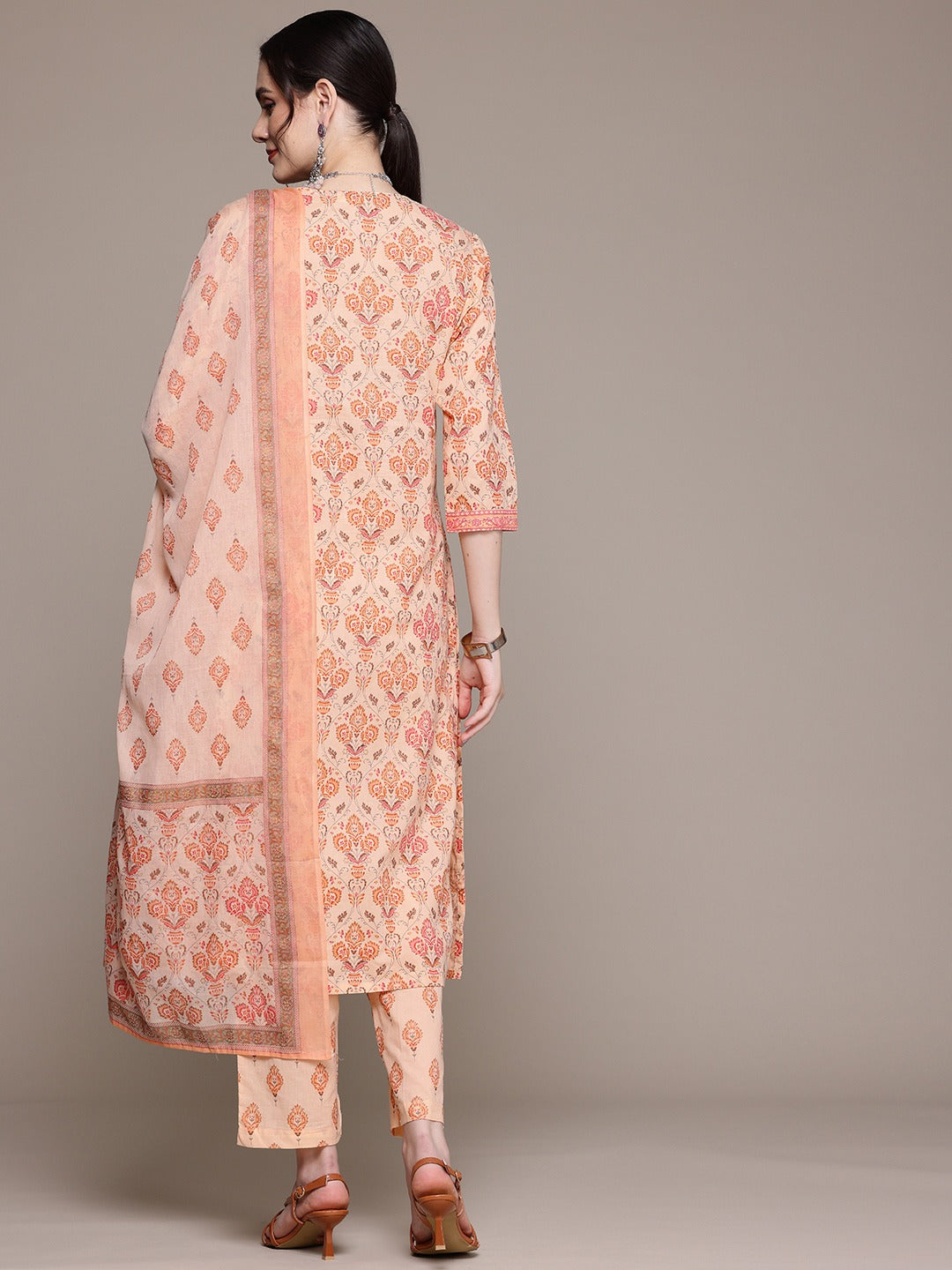 Straight Style Cotton Fabric Peach Color Kurta With Bottom And Dupatta