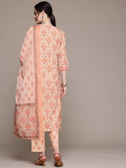 Straight Style Cotton Fabric Peach Color Kurta With Bottom And Dupatta