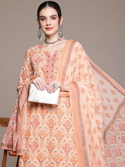 Straight Style Cotton Fabric Peach Color Kurta With Bottom And Dupatta