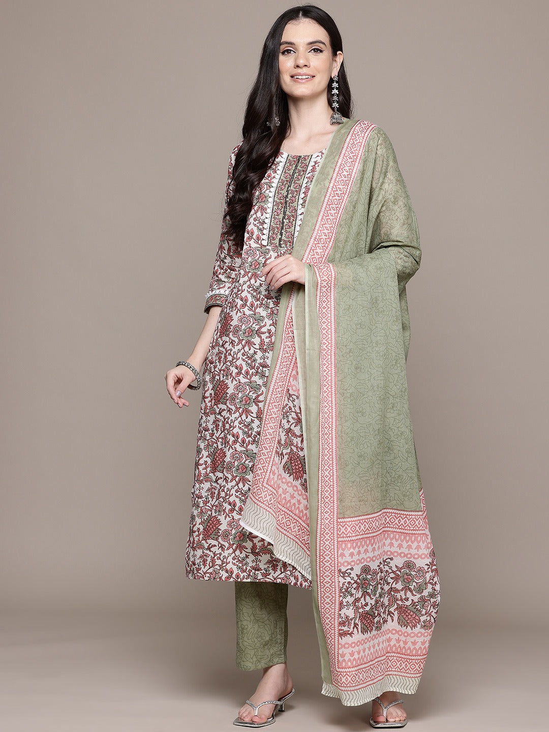 Straight Style Cotton Fabric Multi Color Kurta With Bottom And Dupatta