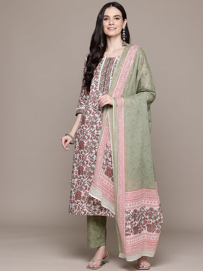 Straight Style Cotton Fabric Multi Color Kurta With Bottom And Dupatta
