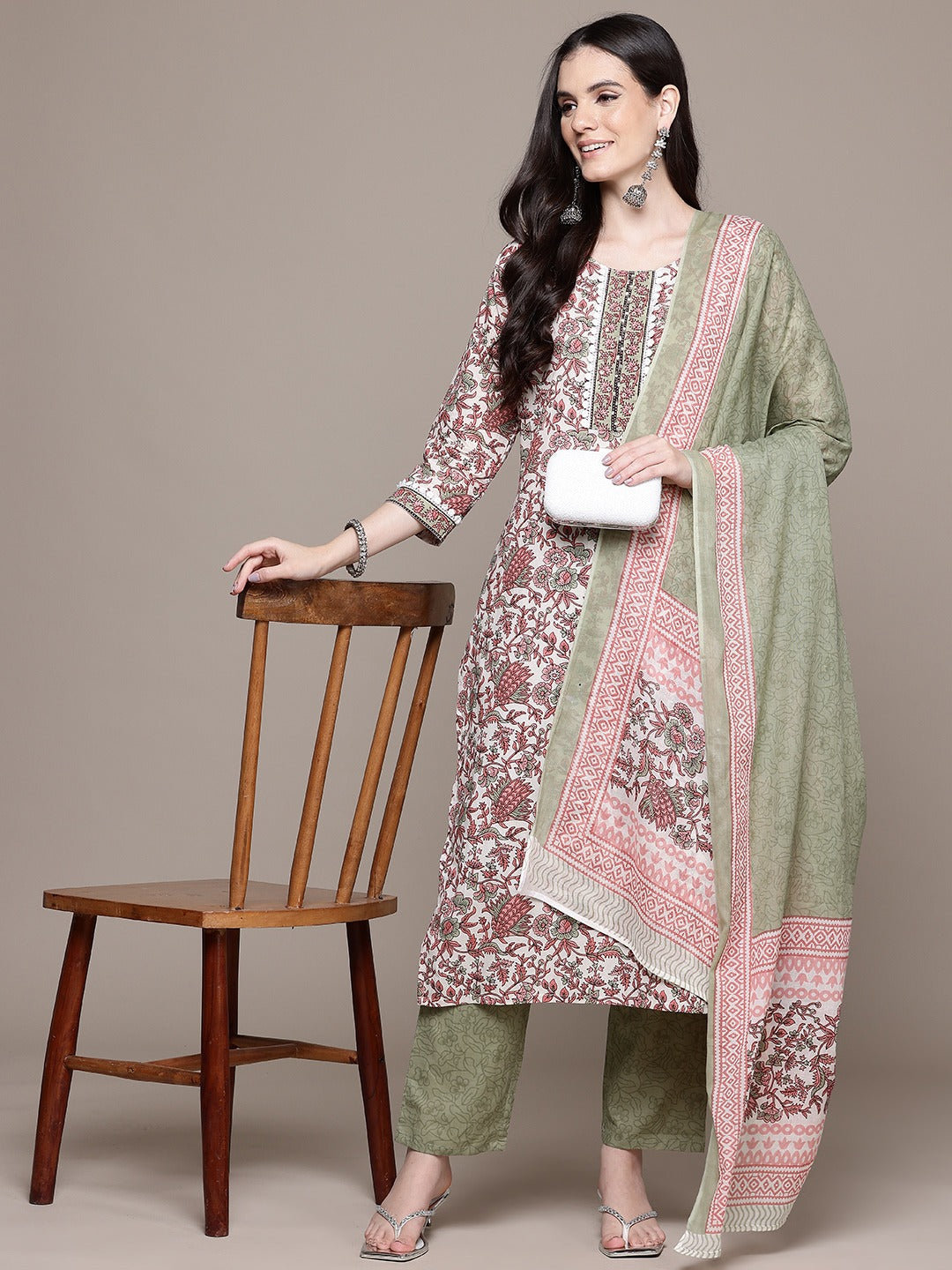 Straight Style Cotton Fabric Multi Color Kurta With Bottom And Dupatta