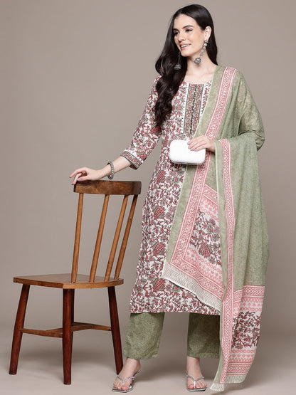 Straight Style Cotton Fabric Multi Color Kurta With Bottom And Dupatta