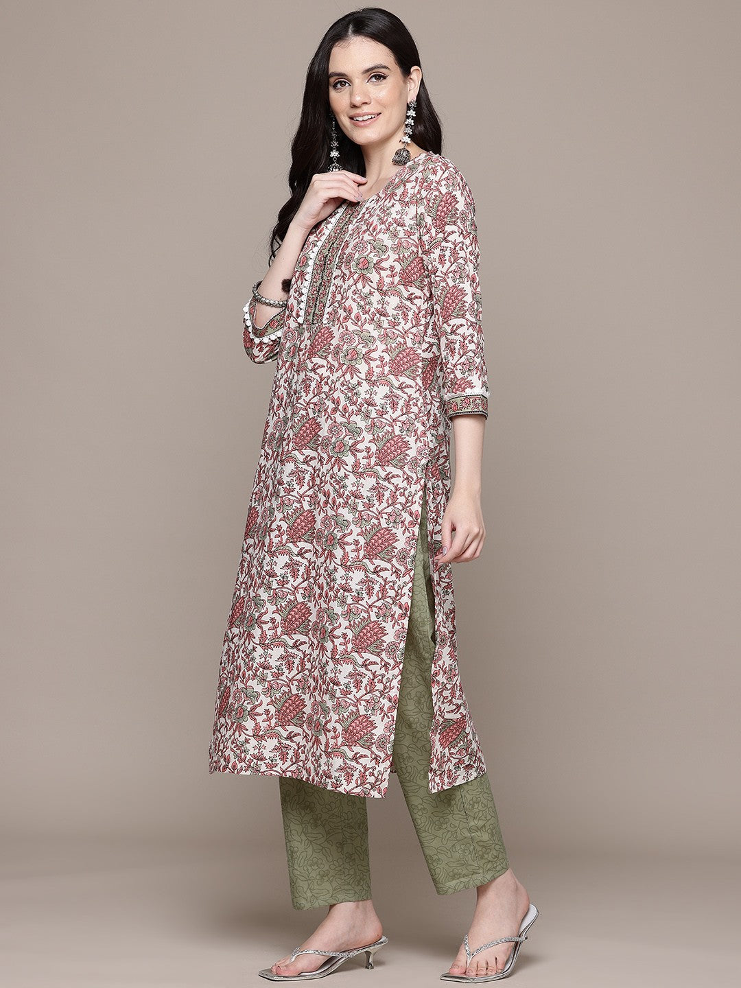 Straight Style Cotton Fabric Multi Color Kurta With Bottom And Dupatta