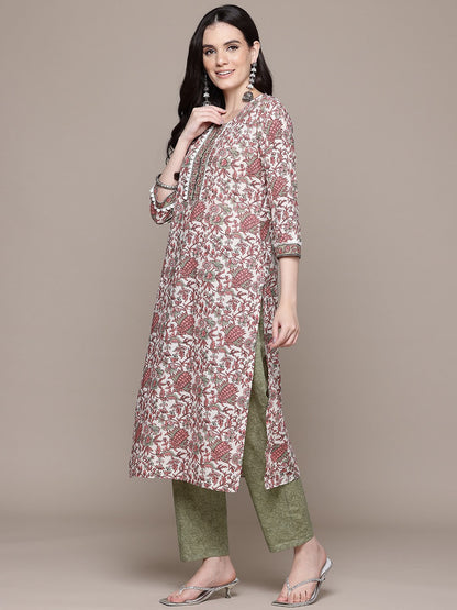Straight Style Cotton Fabric Multi Color Kurta With Bottom And Dupatta
