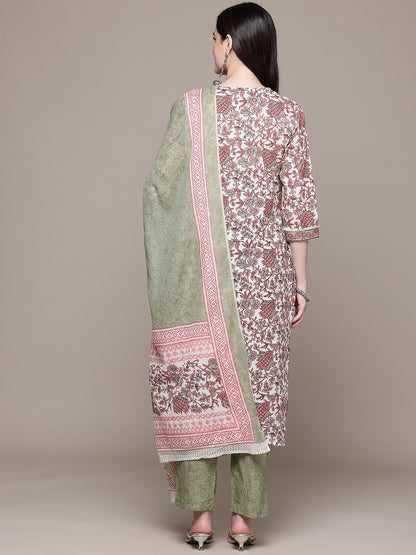 Straight Style Cotton Fabric Multi Color Kurta With Bottom And Dupatta
