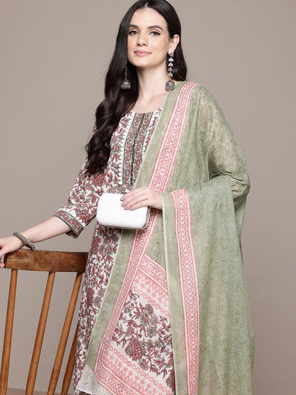 Straight Style Cotton Fabric Multi Color Kurta With Bottom And Dupatta