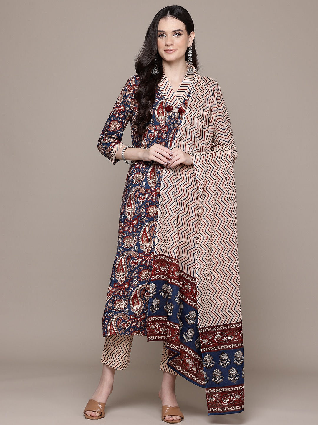 Straight Style Cotton Fabric Navy Blue Color Kurta With Bottom And Dupatta