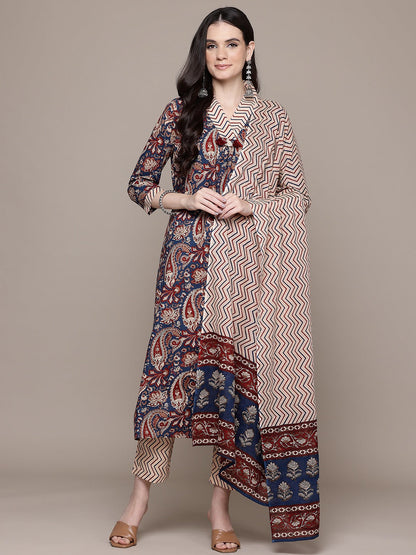 Straight Style Cotton Fabric Navy Blue Color Kurta With Bottom And Dupatta