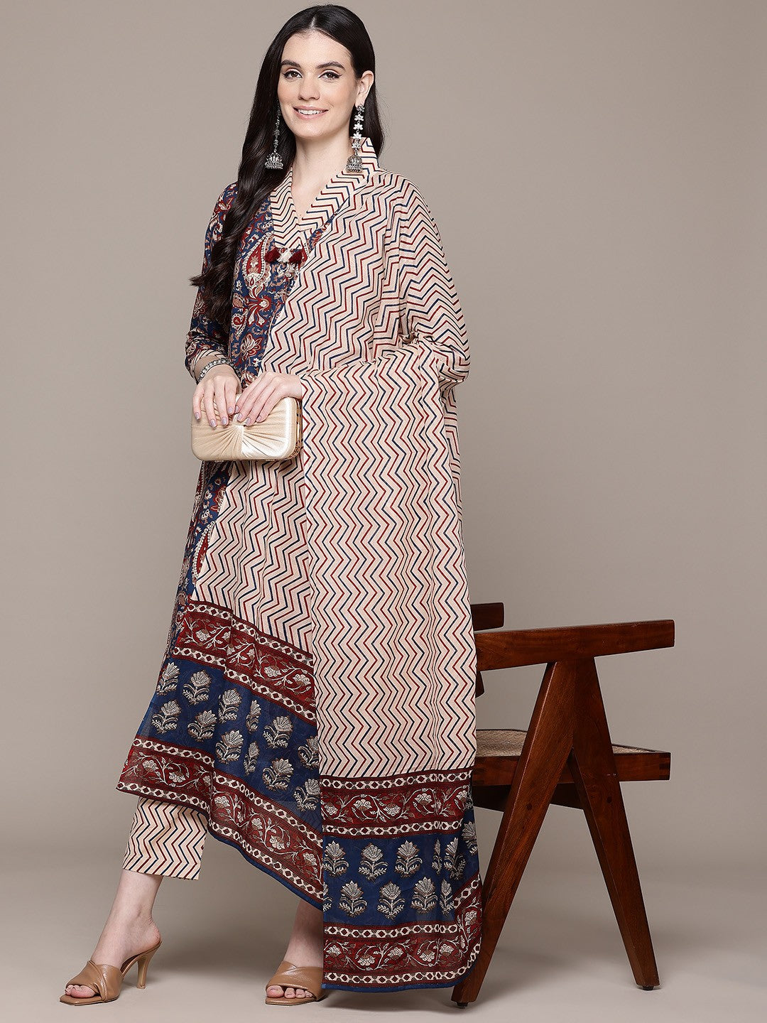 Straight Style Cotton Fabric Navy Blue Color Kurta With Bottom And Dupatta