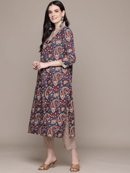 Straight Style Cotton Fabric Navy Blue Color Kurta With Bottom And Dupatta