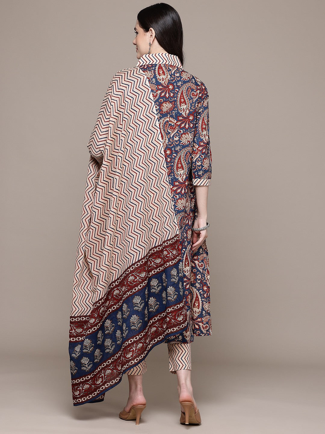Straight Style Cotton Fabric Navy Blue Color Kurta With Bottom And Dupatta