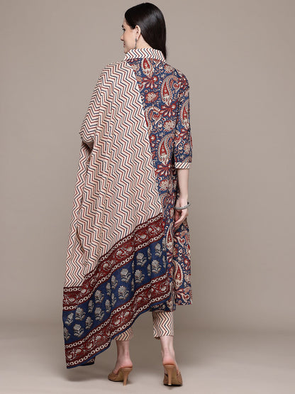 Straight Style Cotton Fabric Navy Blue Color Kurta With Bottom And Dupatta