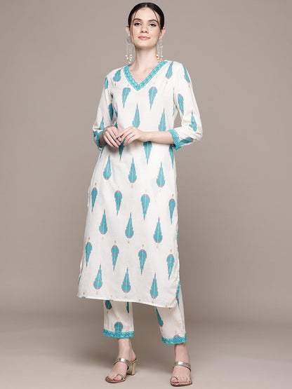 Straight Style Cotton Fabric Turquoise Blue Color Kurta With Bottom