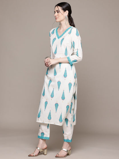 Straight Style Cotton Fabric Turquoise Blue Color Kurta With Bottom