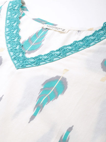 Straight Style Cotton Fabric Turquoise Blue Color Kurta With Bottom