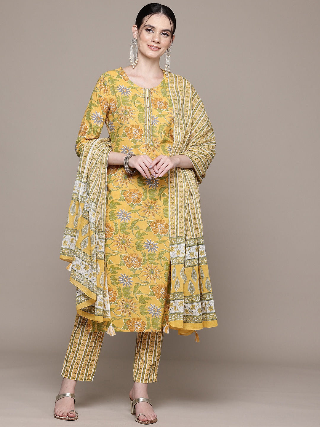 Straight Style Cotton Fabric Mustard Color Kurta With Bottom And Dupatta