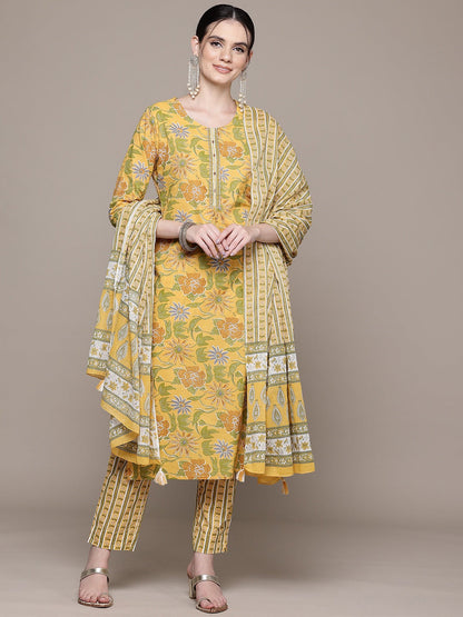Straight Style Cotton Fabric Mustard Color Kurta With Bottom And Dupatta