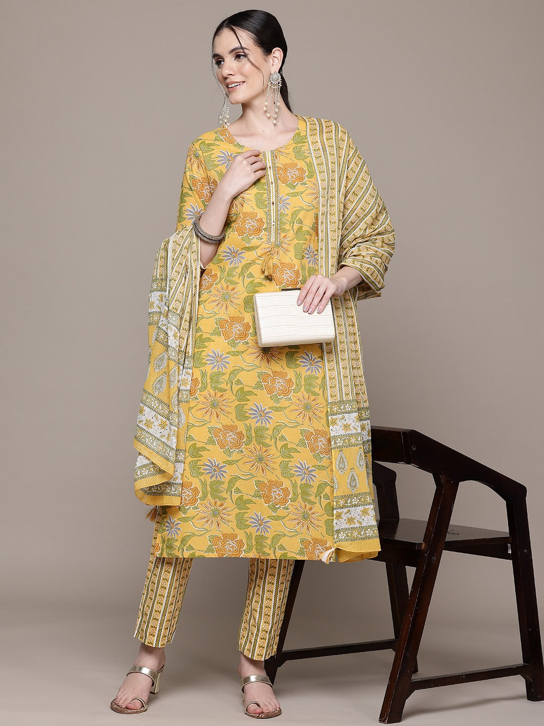 Straight Style Cotton Fabric Mustard Color Kurta With Bottom And Dupatta