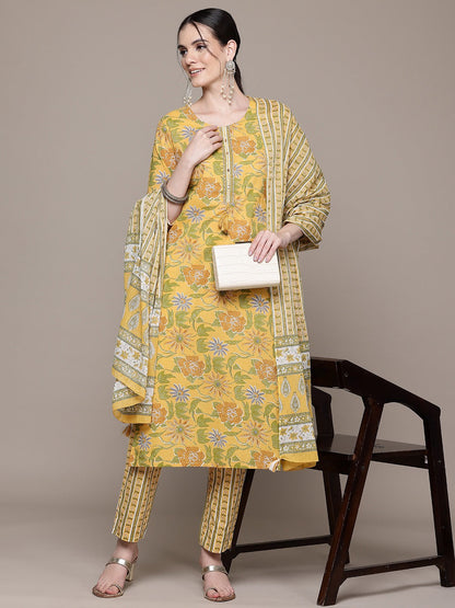Straight Style Cotton Fabric Mustard Color Kurta With Bottom And Dupatta