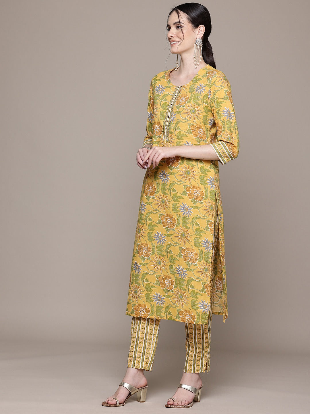 Straight Style Cotton Fabric Mustard Color Kurta With Bottom And Dupatta