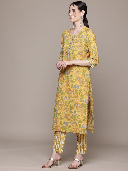 Straight Style Cotton Fabric Mustard Color Kurta With Bottom And Dupatta
