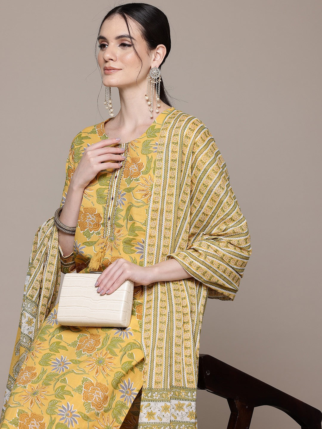 Straight Style Cotton Fabric Mustard Color Kurta With Bottom And Dupatta