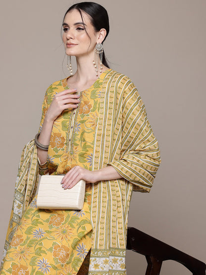 Straight Style Cotton Fabric Mustard Color Kurta With Bottom And Dupatta