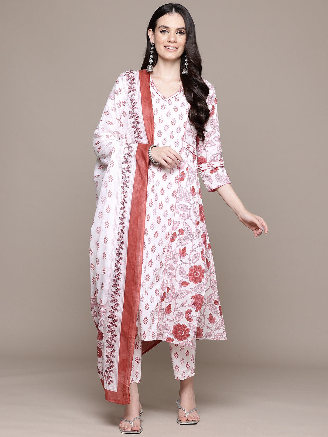 A Line Style Cotton Fabric Pink Color Kurta With Bottom And Dupatta