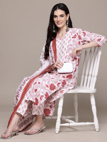 A Line Style Cotton Fabric Pink Color Kurta With Bottom And Dupatta