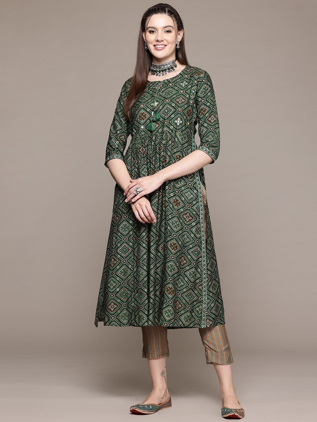 Flared Style Silk Fabric Green Color Kurta With Bottom
