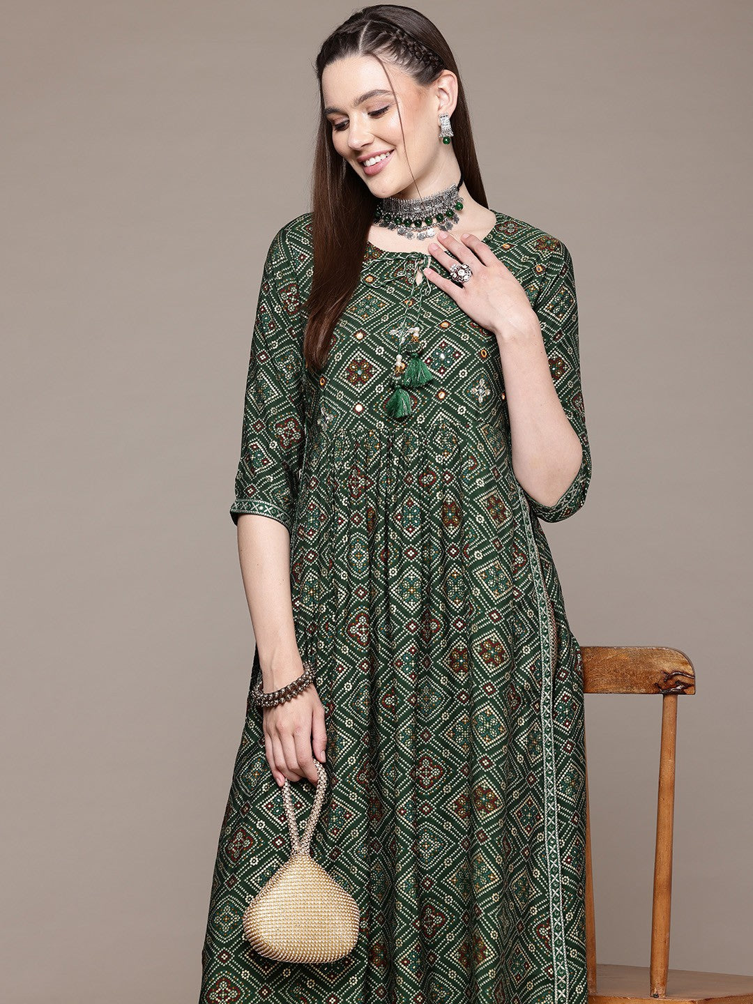 Flared Style Silk Fabric Green Color Kurta With Bottom