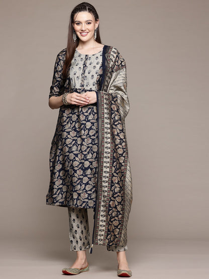 Straight Style Silk Fabric Black Color Kurta With Bottom And Dupatta