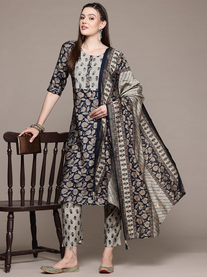 Straight Style Silk Fabric Black Color Kurta With Bottom And Dupatta