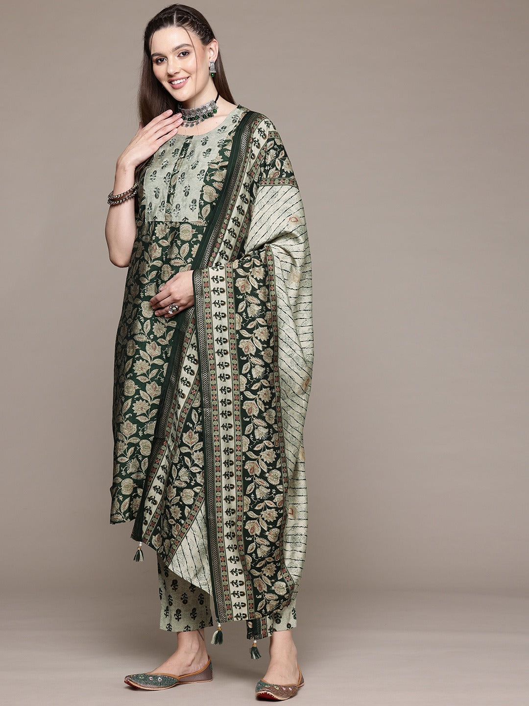 Straight Style Silk Fabric Green Color Kurta With Bottom And Dupatta