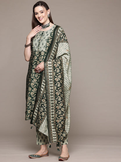 Straight Style Silk Fabric Green Color Kurta With Bottom And Dupatta