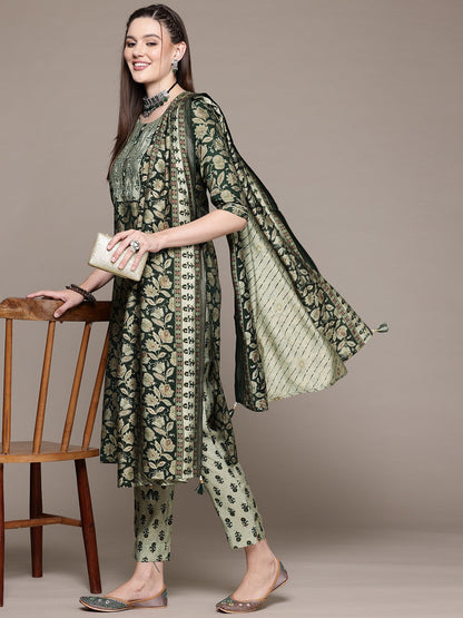Straight Style Silk Fabric Green Color Kurta With Bottom And Dupatta