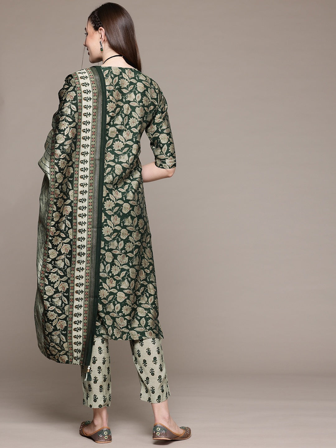Straight Style Silk Fabric Green Color Kurta With Bottom And Dupatta