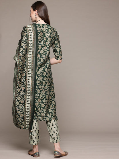 Straight Style Silk Fabric Green Color Kurta With Bottom And Dupatta