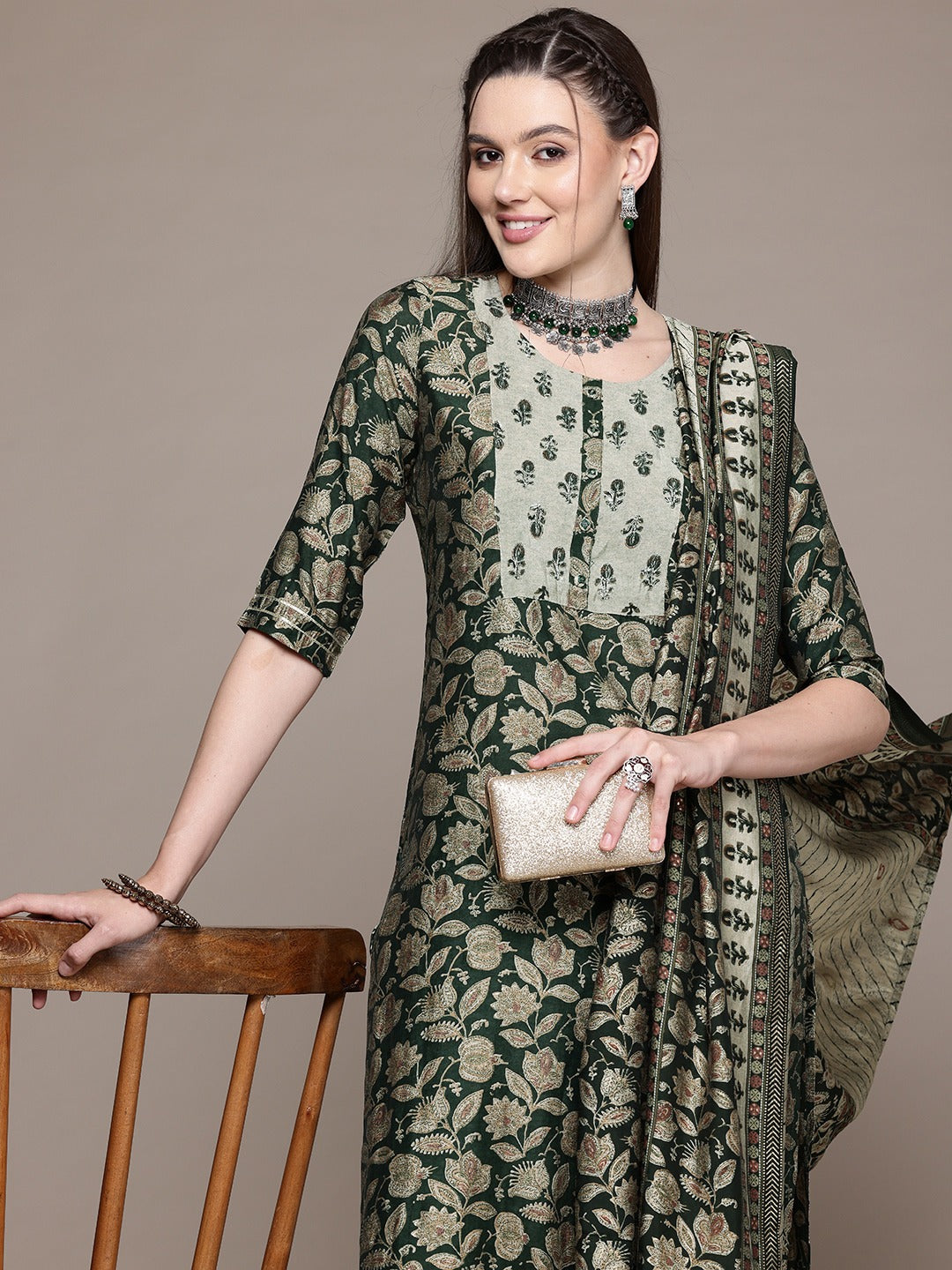 Straight Style Silk Fabric Green Color Kurta With Bottom And Dupatta